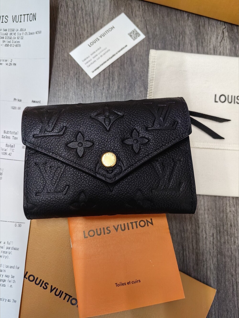 Louis Vuitton Black Embossed Monogram Envelope Wallet with Gold Snap